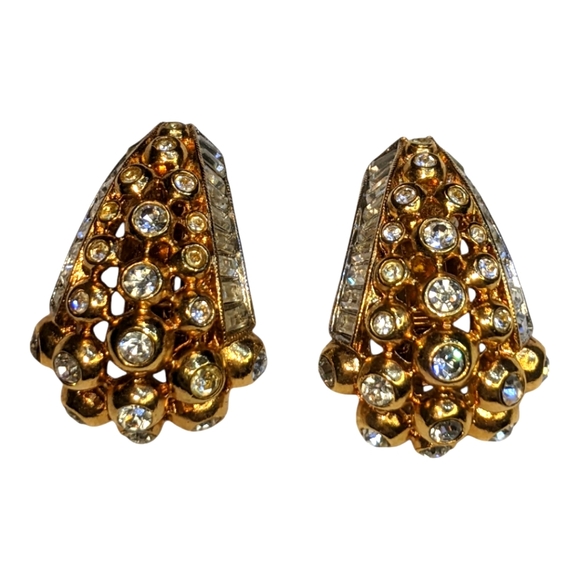 Vintage Designer Clip On Earrings Golden Tone Diomand Accent Beautiful ❤️ - Picture 8 of 12